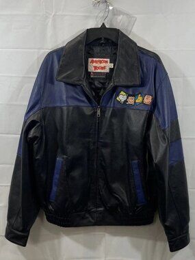 Vintage 90s American Toons Peanuts Embroidered Leather Bomber Jacket Men's Small